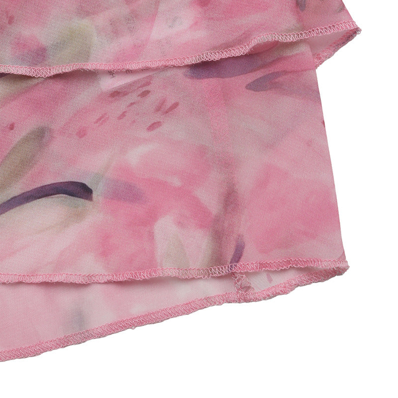 Floral Halter Chiffon Top Backless Layered Summer Vacation Pink