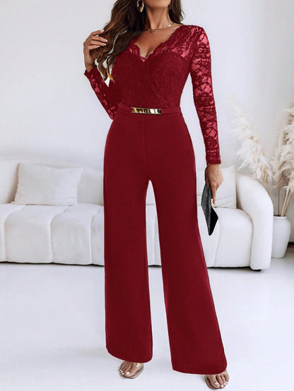 Lace Belted Flare Jumpsuit Long Sleeve Women