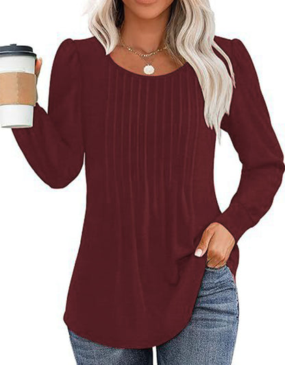 Solid Cotton Pintuck Blouse Long Sleeve Work Top