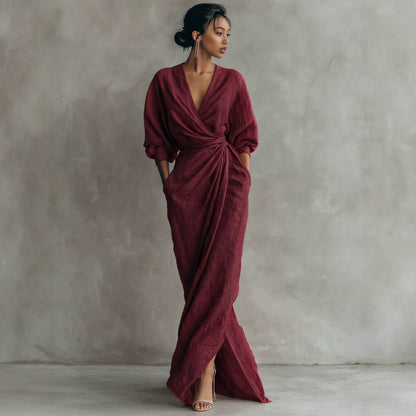 Elegant Wrap V-Neck Maxi Dress Side Slit Pockets