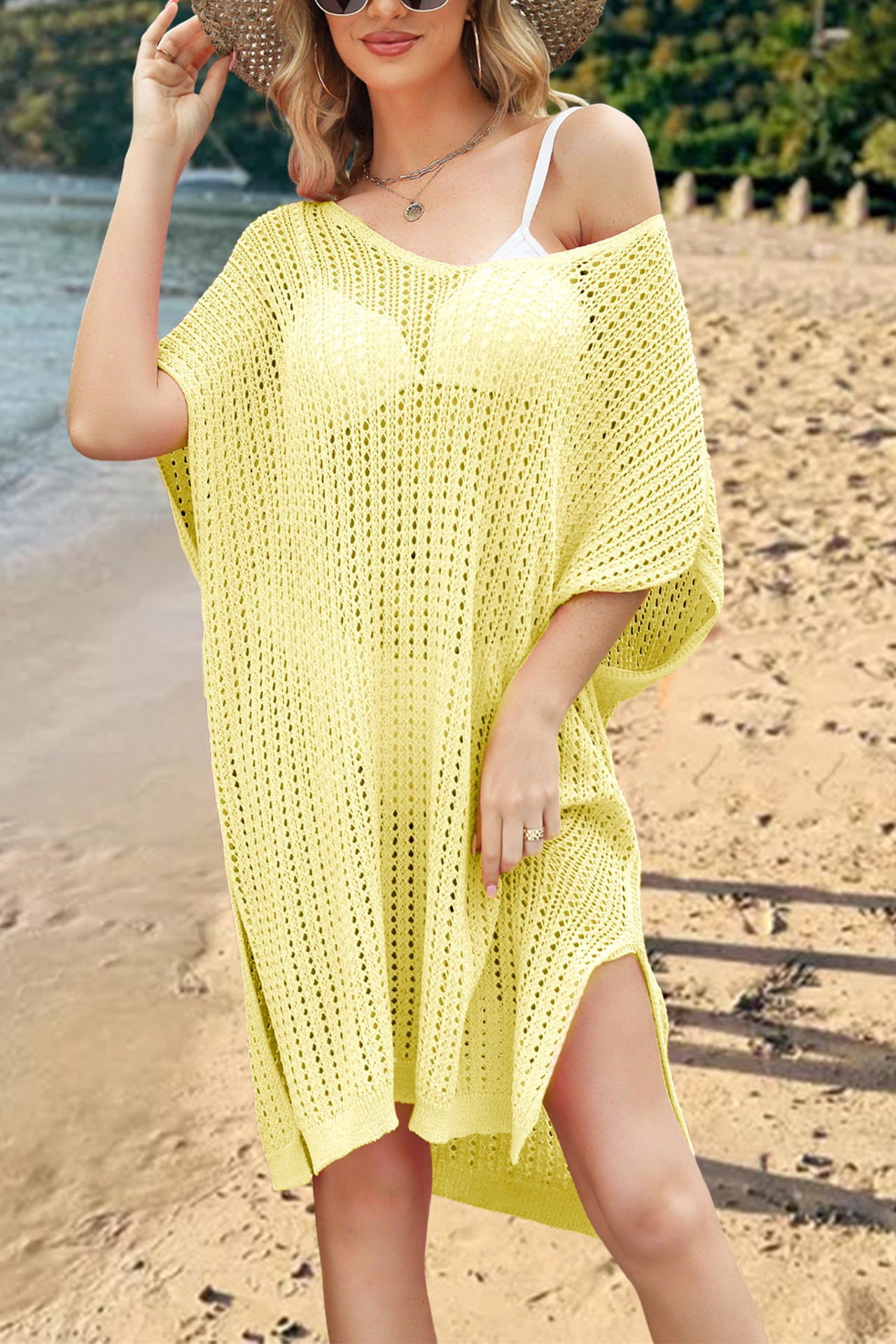 Crochet Swim Cover Up Dress V Neck Beach Knit Coverup