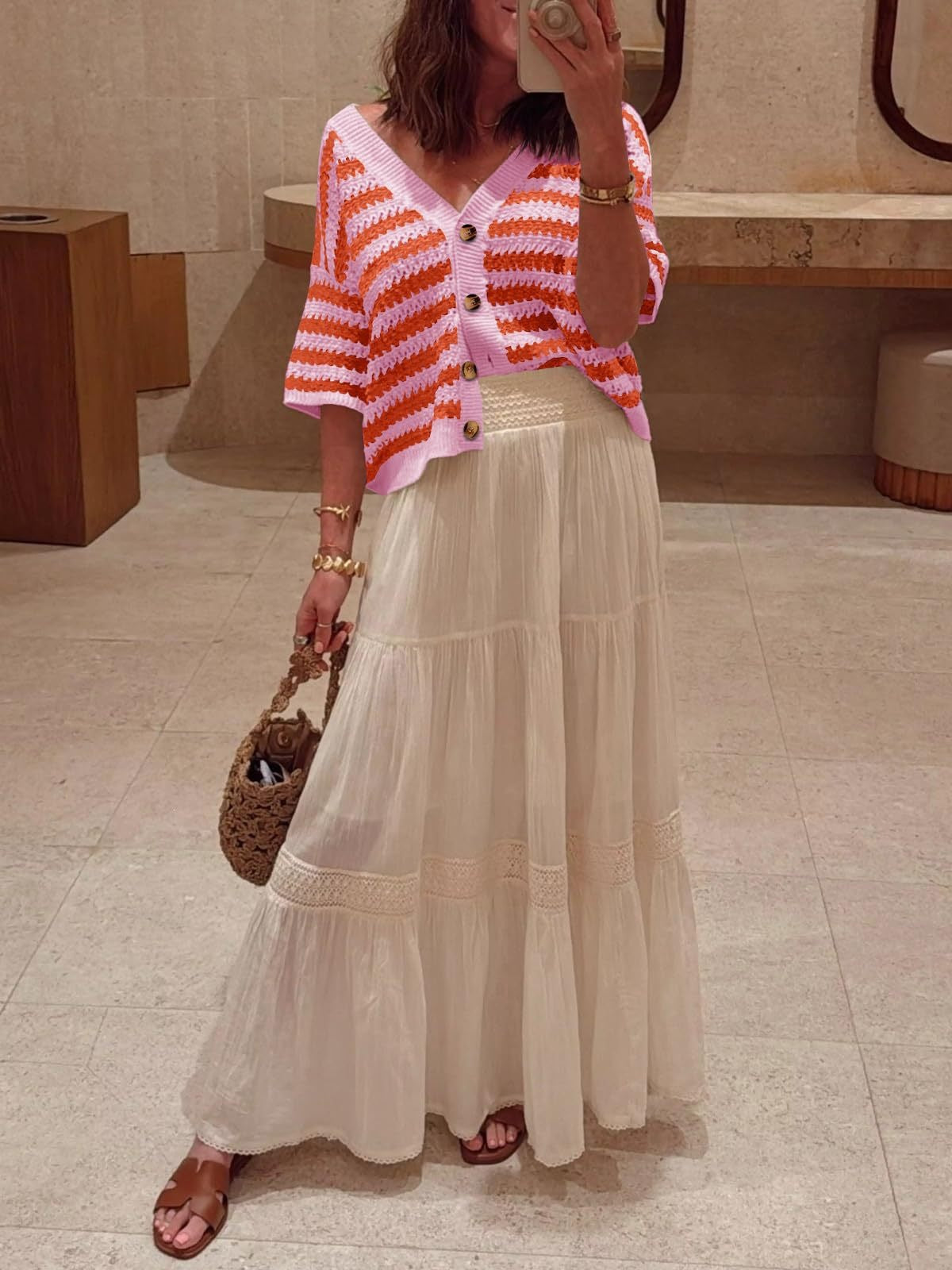 Striped Crochet Cardigan V Neck Button Knit Top