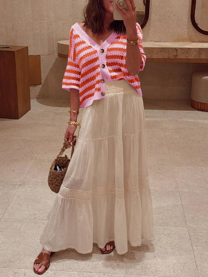 Striped Crochet Cardigan V Neck Button Knit Top