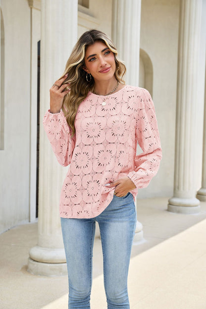 Eyelet Lace Blouse Puff Sleeve Loose Top