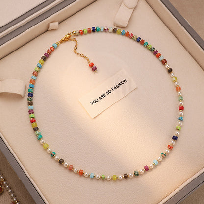 Dopamine Rainbow Beaded Pearl Necklace Colorful Layered Jewelry