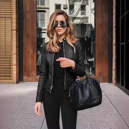 Women's Faux Leather Moto Blazer Jacket Slim Fit Zip-Up