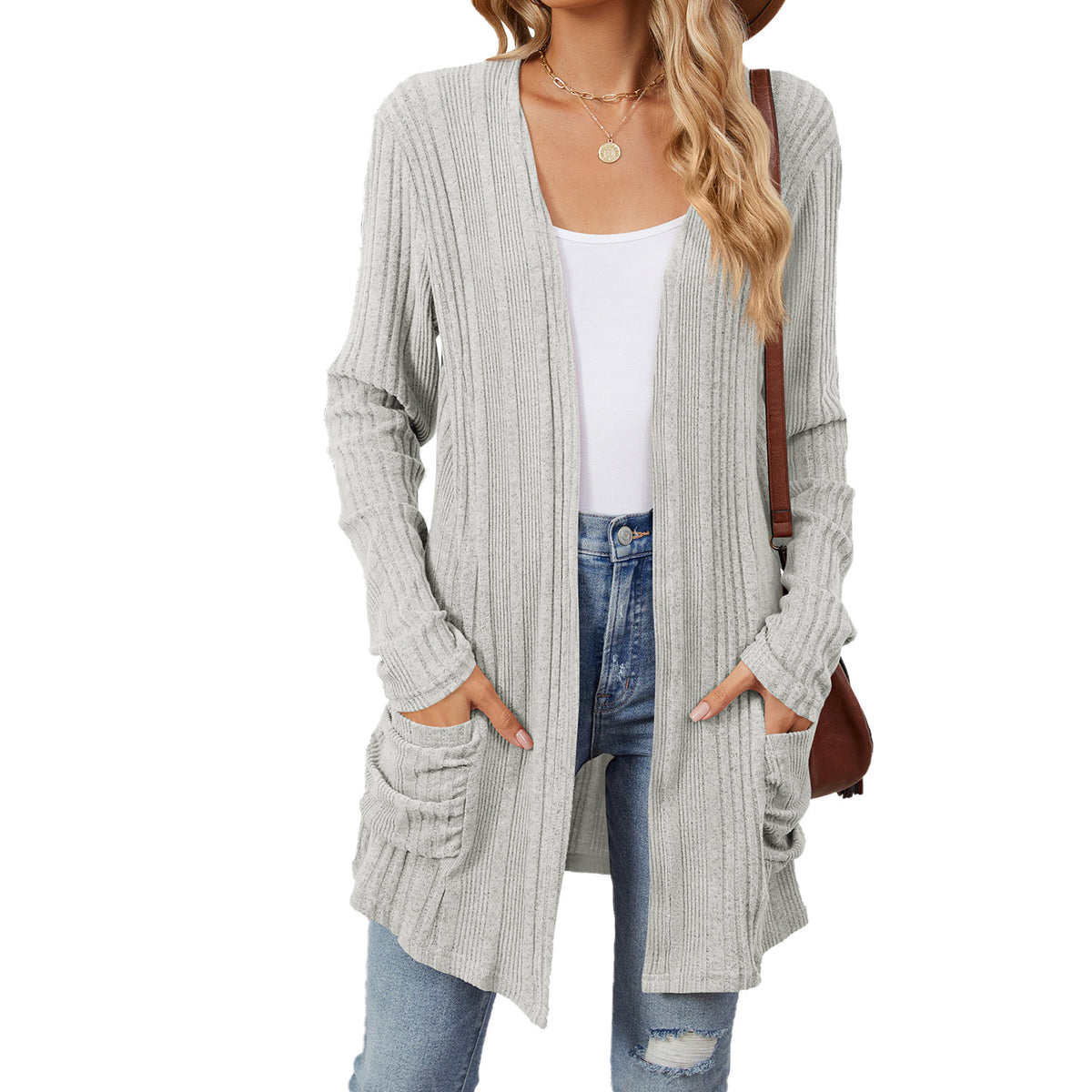 Women's Long Sleeve Ribbed Open Front Cardigan Pockets