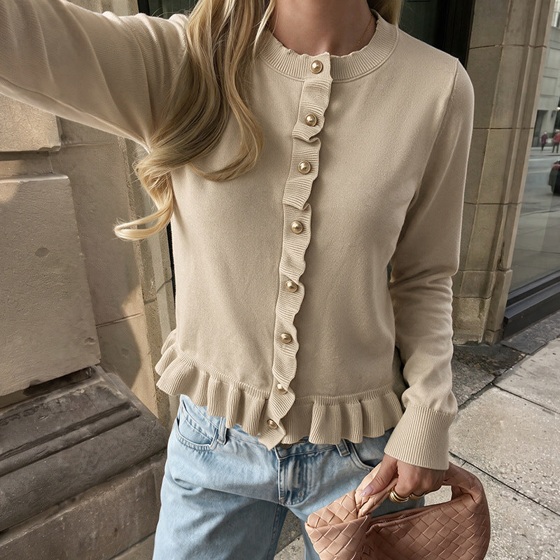 Women's Ruffle Button Crew Neck Knit Sweater