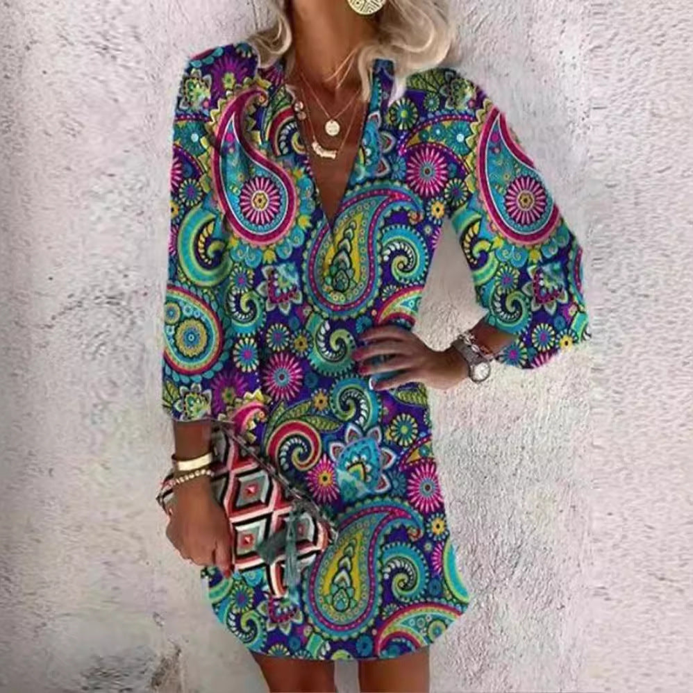 Women's Boho Floral V-Neck Button Front Mini Dress
