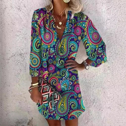 Women's Boho Floral V-Neck Button Front Mini Dress