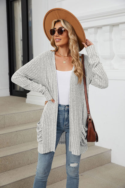 Simple Pocketed Long Sleeve Cardigan Knit Top