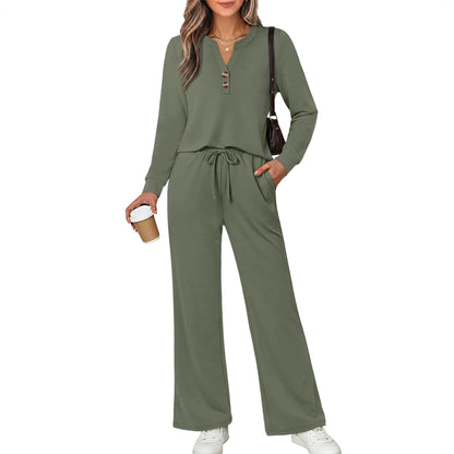 Women's 2 Piece Lounge Set Henley Top Wide Leg Pants