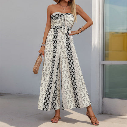 Boho Strapless Printed Wide Leg Jumpsuit Resort Romper