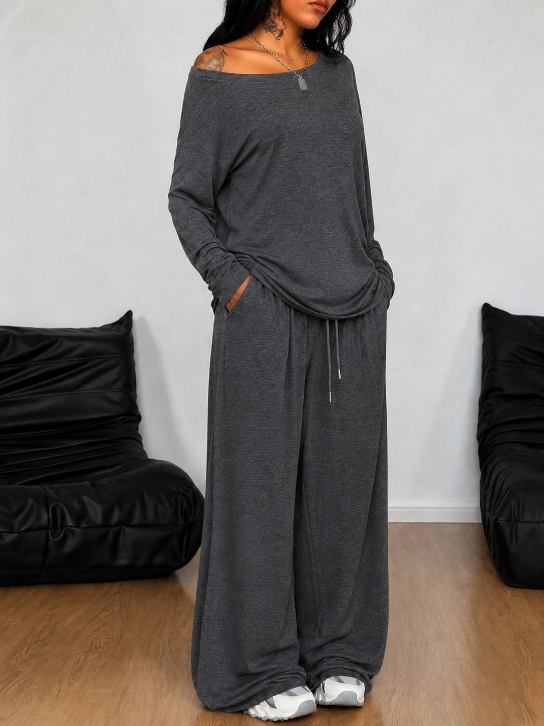 Off Shoulder Top Wide Leg Pants Lounge Set