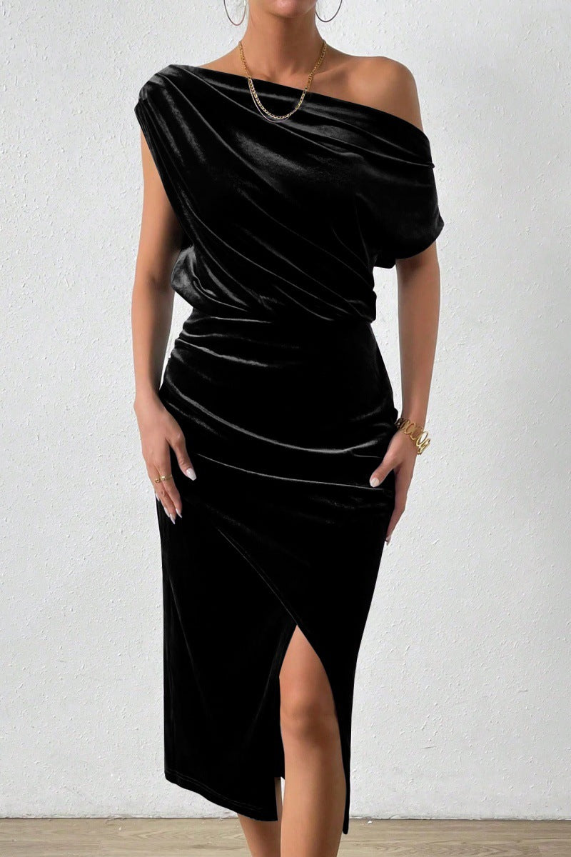 One Shoulder Velvet Midi Dress Ruched Asymmetrical Hem