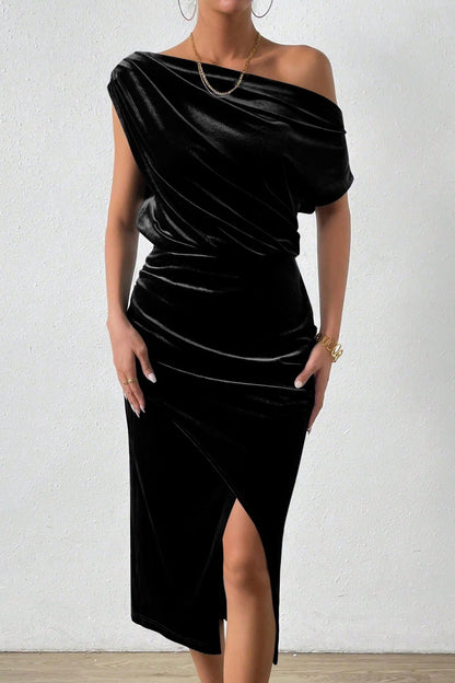 One Shoulder Velvet Midi Dress Ruched Asymmetrical Hem