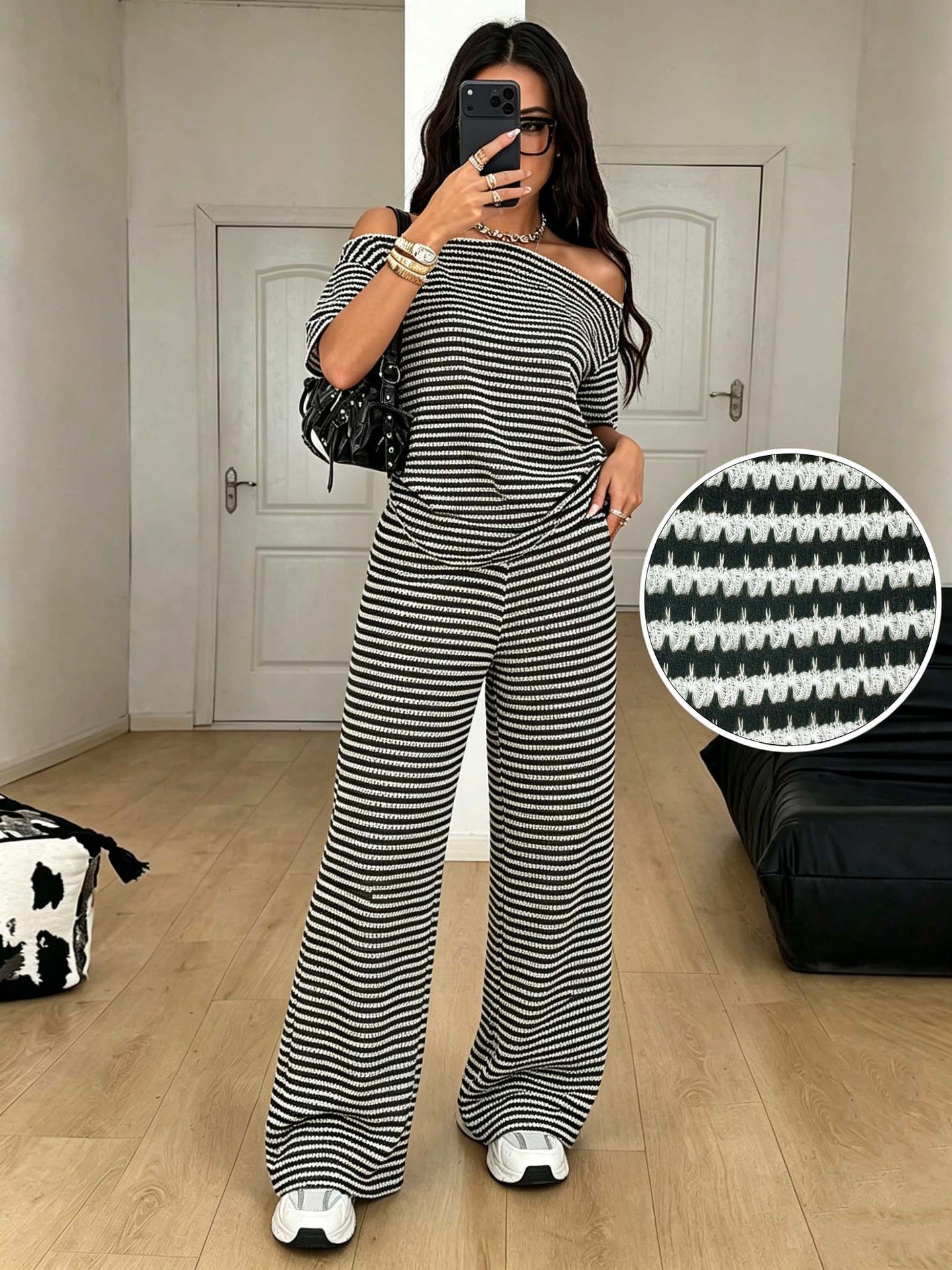 Striped Off Shoulder Knit Set Wide Leg Pants