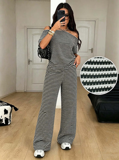 Striped Off Shoulder Knit Set Wide Leg Pants