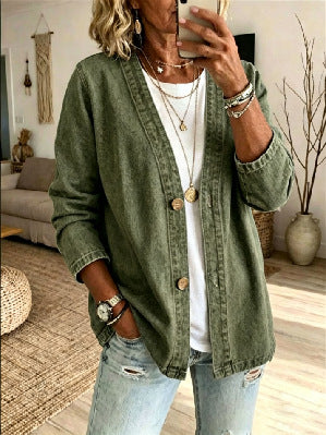 Women's Oversized V-Neck Denim Button Down Shirt