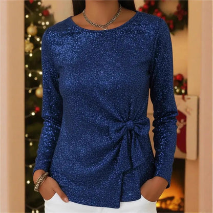 Women's Glitter Bow Front Long Sleeve Blouse