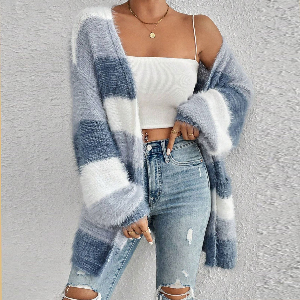 Womens Fuzzy Colorblock Striped Oversized Cardigan