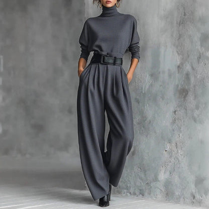 Women's Turtleneck Wide Leg Pants Two Piece Set with Belt