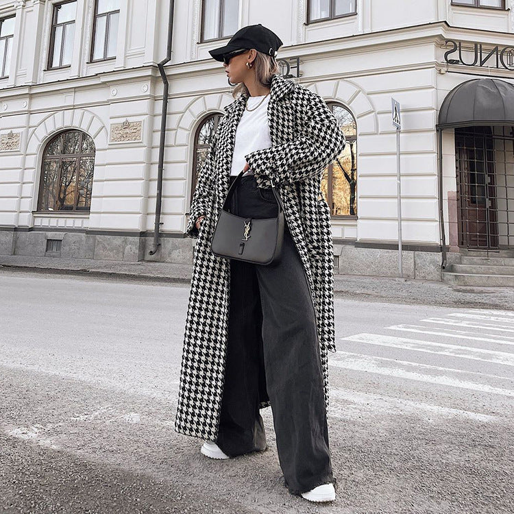 Women's Houndstooth Maxi Winter Coat Double Breasted Belted