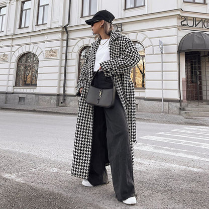 Women's Houndstooth Maxi Winter Coat Double Breasted Belted