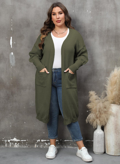 Loose Medium and Long Double Pocket Lantern Sleeve Sweater Cardigan