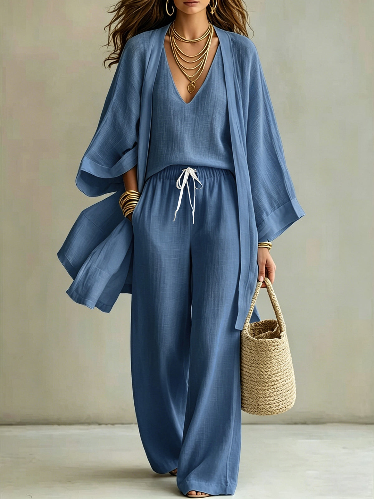 Women's 3 Piece Matching Set Wide Leg Pants Cardigan