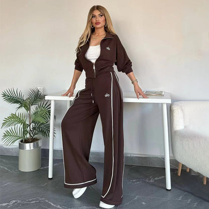 Women's 2 Piece Tracksuit Embroidered Wide Leg Pants Set