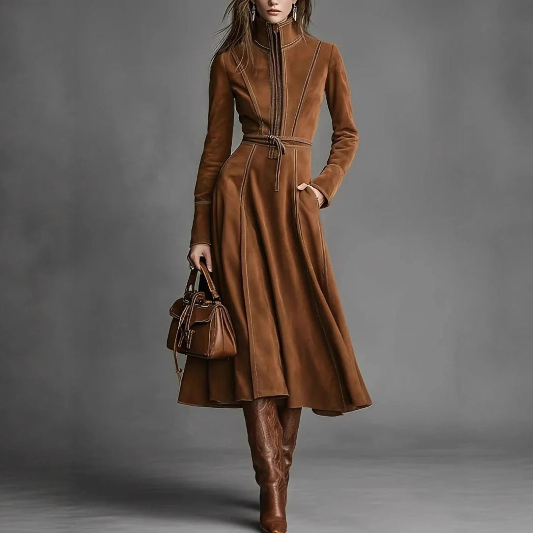 Vintage Faux Suede Long Sleeve Belted Zip Front Maxi Dress