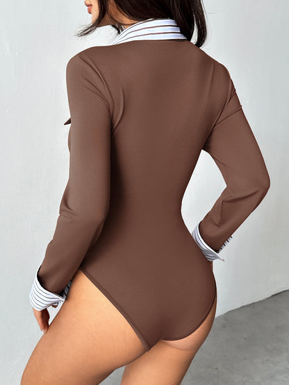 Contrast Stripe Collar Slim Fit Button Front Bodysuit