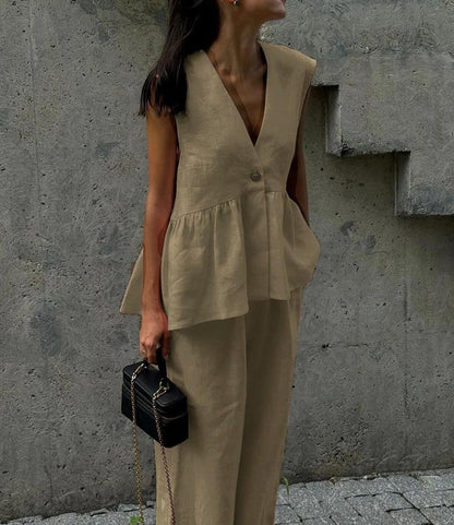 Women's Two Piece V-Neck Vest Pants Set Sleeveless Solid
