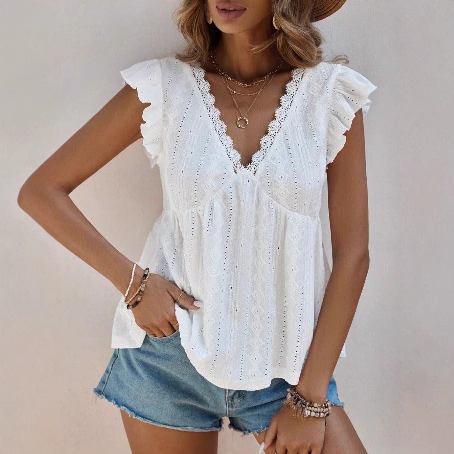 Eyelet Lace Flutter Sleeve V Neck Babydoll Blouse