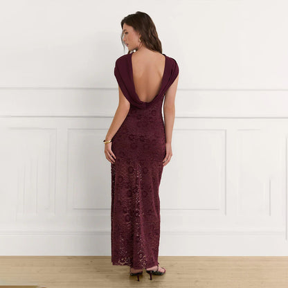 Burgundy Lace Halter Maxi Dress Bodycon