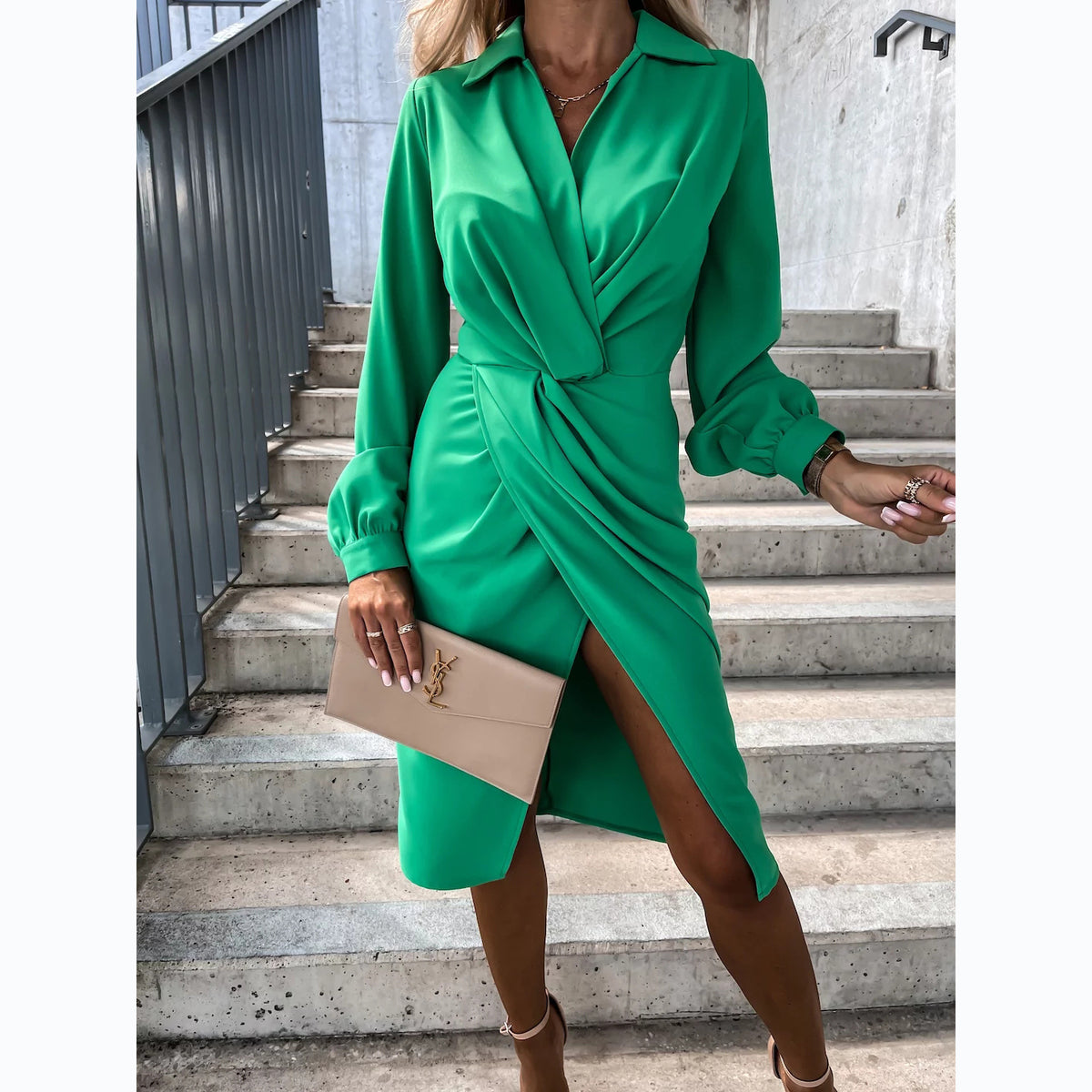 Women's Long Sleeve V Neck Wrap Midi Shirt Dress