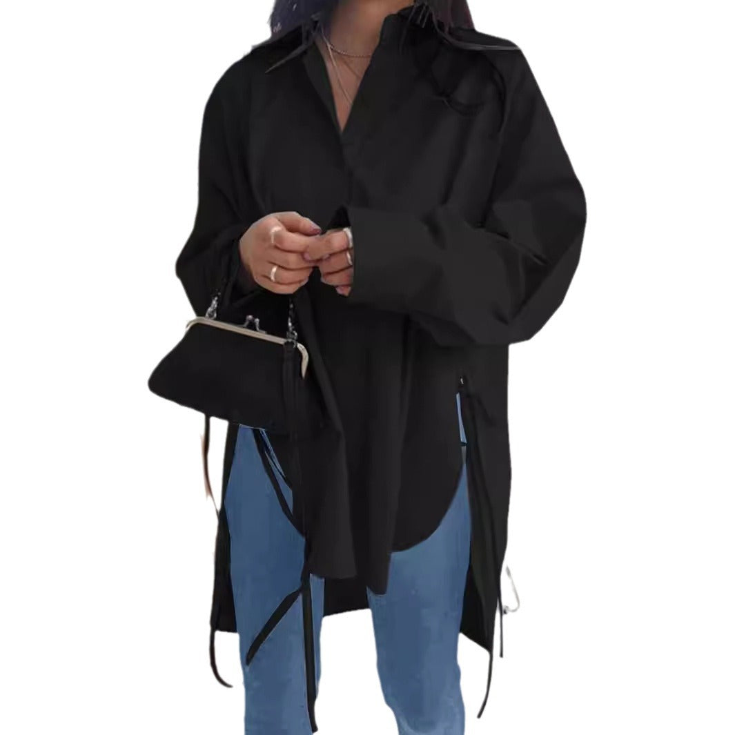Womens Oversized Shirt Side Tie High Low Long Sleeve Tunic