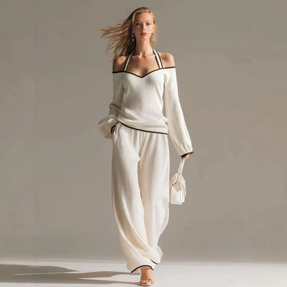 Off Shoulder Contrast Trim Knit Top and Pants Set