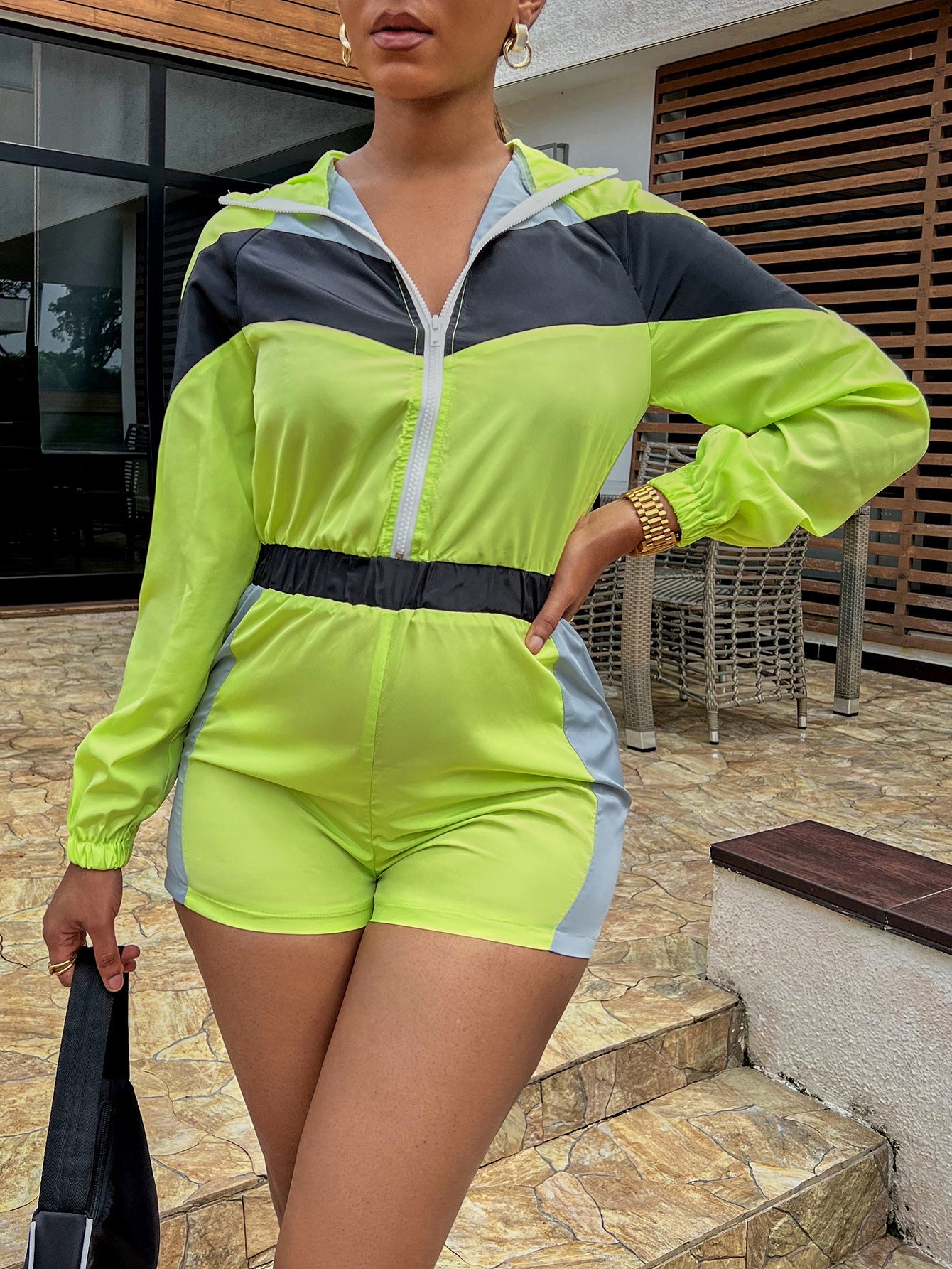 Splicing Contrasting Zipper Jumpsuit Shorts