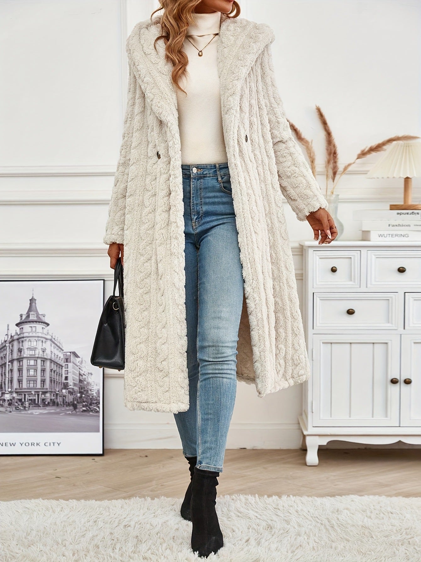 Hooded Long Coat Button Front Knit Outerwear Jacket