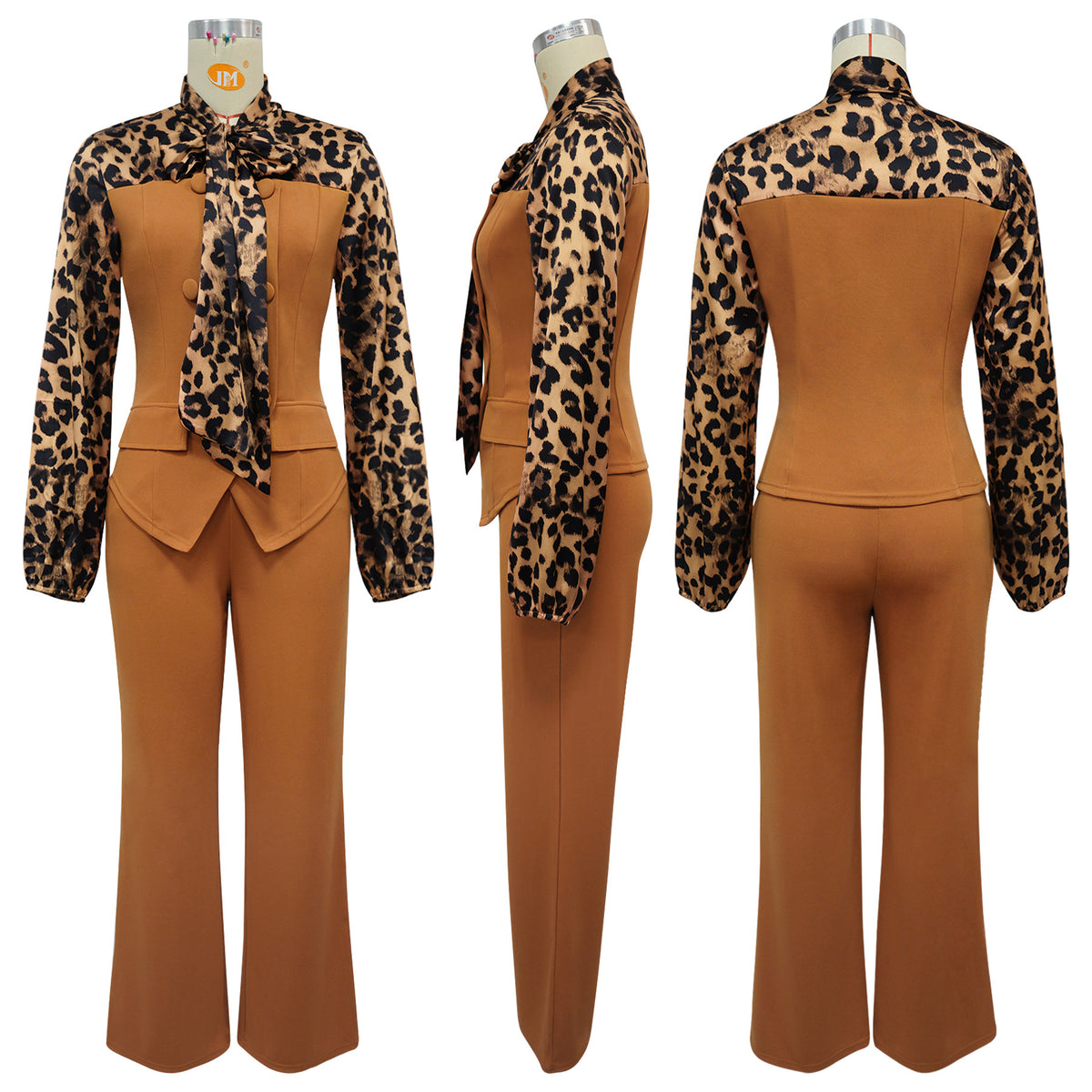 Leopard Print Tie Neck Blouse & Wide Leg Pants Set