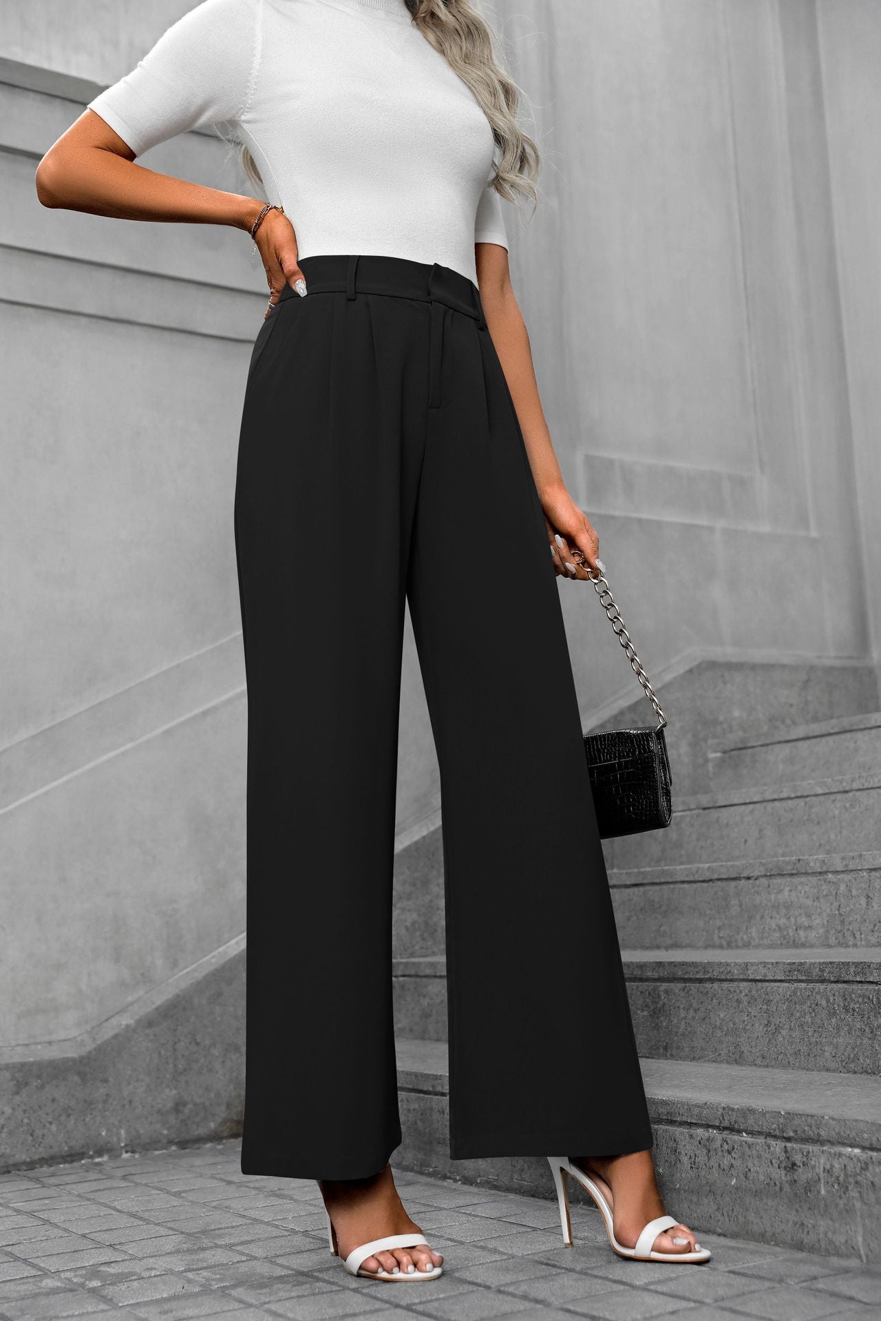 Women's High-Waist Wide-Leg Suit Pants - Elegant Office Trousers