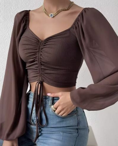Sexy V Neck Ruched Sheer Balloon Sleeve Crop Top Blouse
