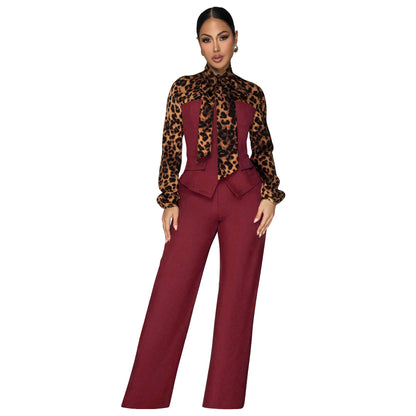 Leopard Print Tie Neck Blouse & Wide Leg Pants Set