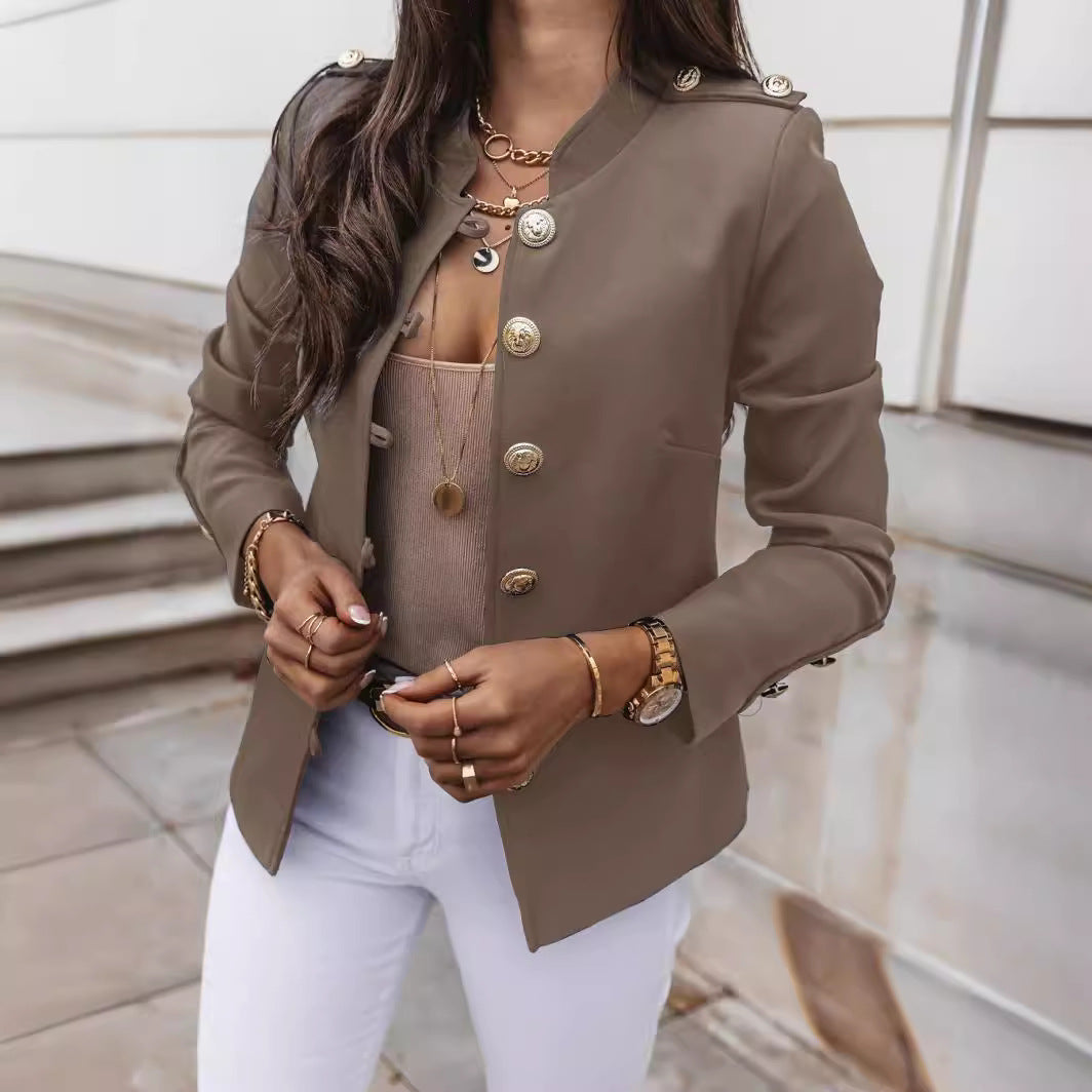Women's Fitted Cropped Blazer Gold Button Long Sleeve
