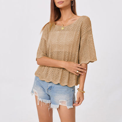 Crochet Knit Sweater Top Loose Hollow Out Short Sleeve Pullover