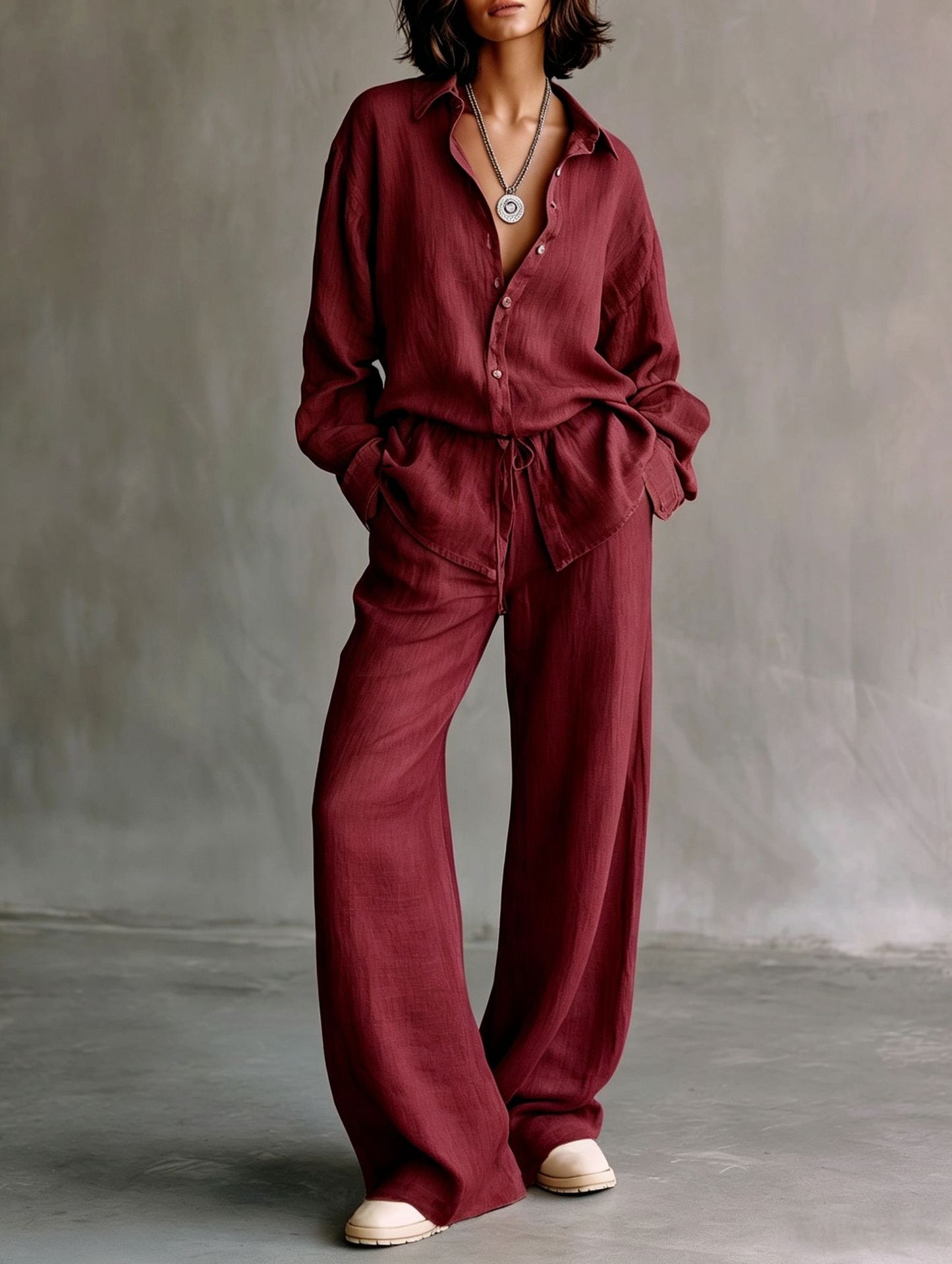 Women's Button Down Shirt Wide Leg Pants Matching Set