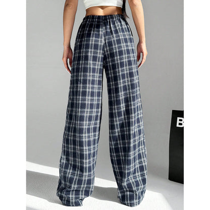 Plaid Wide Leg Pants Drawstring Casual Lounge Pants