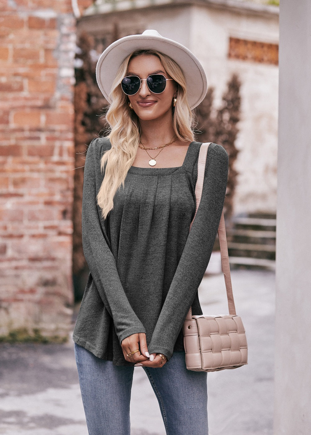 Square Neck Pleated Long Sleeve Top for Women
